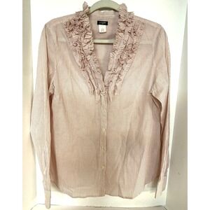 J. Crew Women's L Poplin Ruffle Long Sleeve Blouse Pink Stripe 100% Cotton